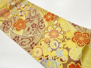 曲線に花々・宝・亀甲模様織出し袋帯